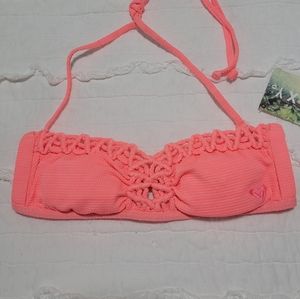 Roxy Neon Peach Bandeau Crochet Bikini Top S NWT Removable Strap